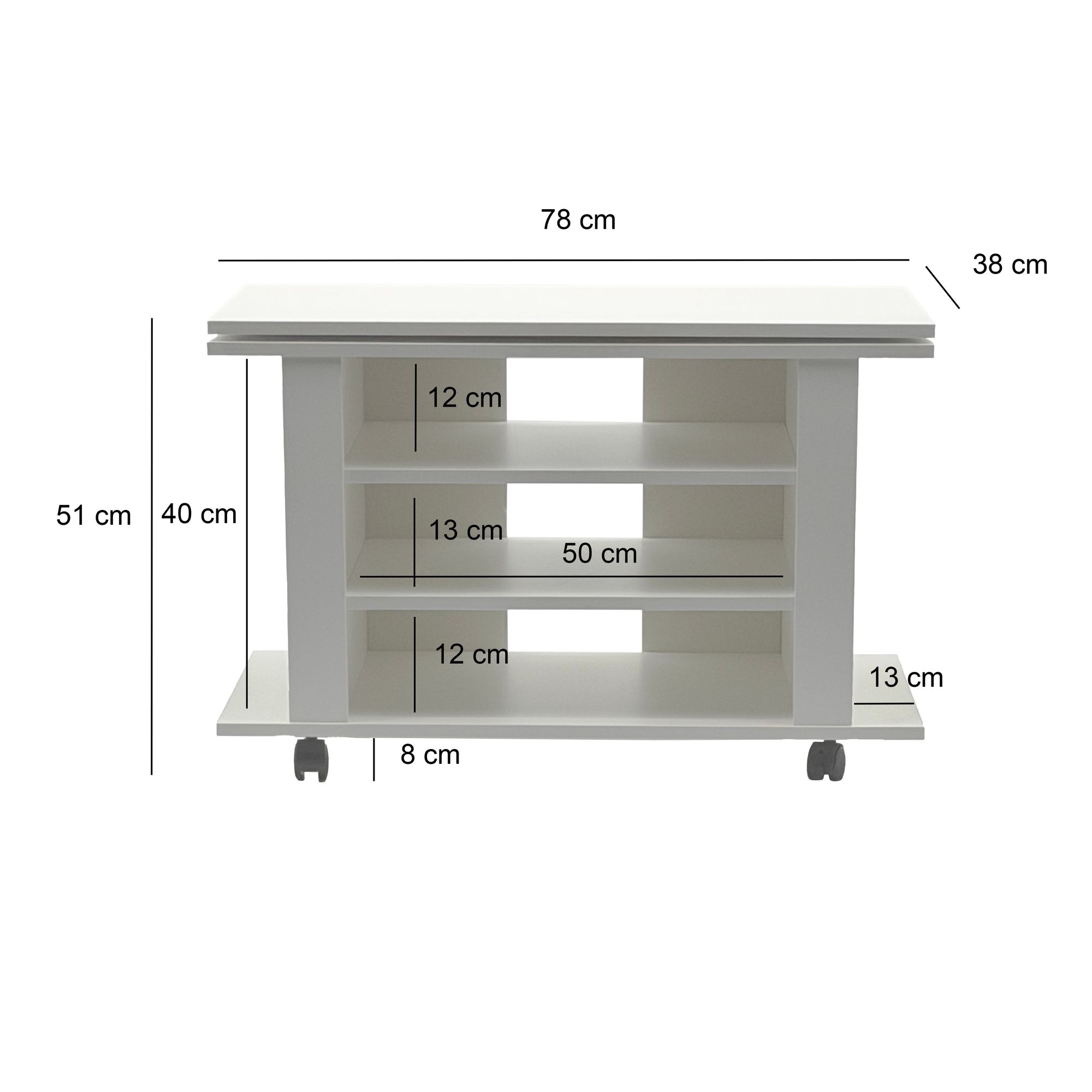 FineBuy TV Lowboard Weiß 78 cm – HiFi Bank mit drehbarer Oberplatte – Fernsehtisch auf Rollen – TV Möbel mit offenen Fächern – Medienboard Modern – Fernsehschrank | Farbe: Weiß