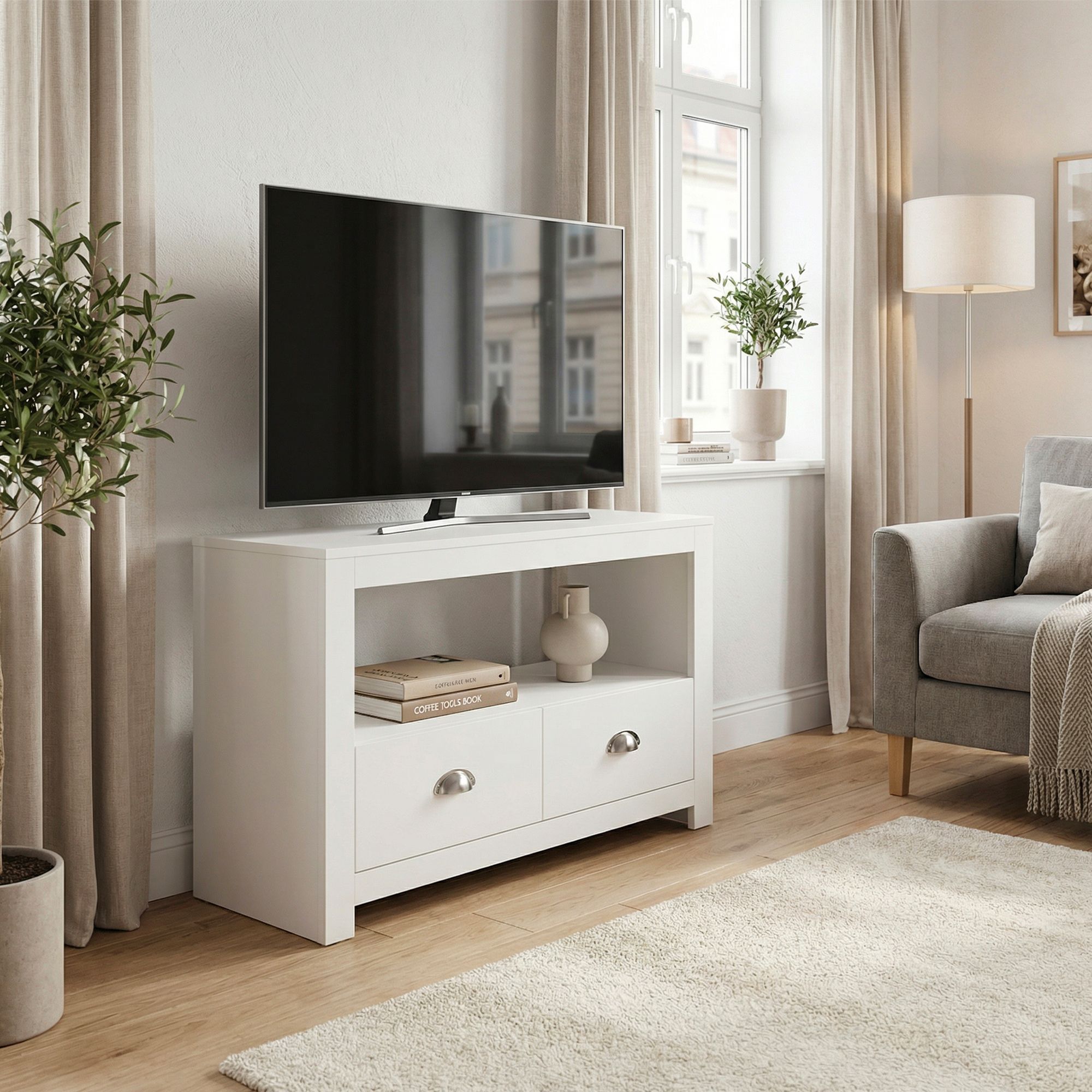 FineBuy Lowboard TV Möbel Weiß 85cm - Kompaktes TV Board mit zwei Schubladen - Fernsehunterschrank mit offenem Fach - Platzsparende Fernsehkommode - Fernsehschrank TV Tisch für Raumecken | Farbe: Weiß