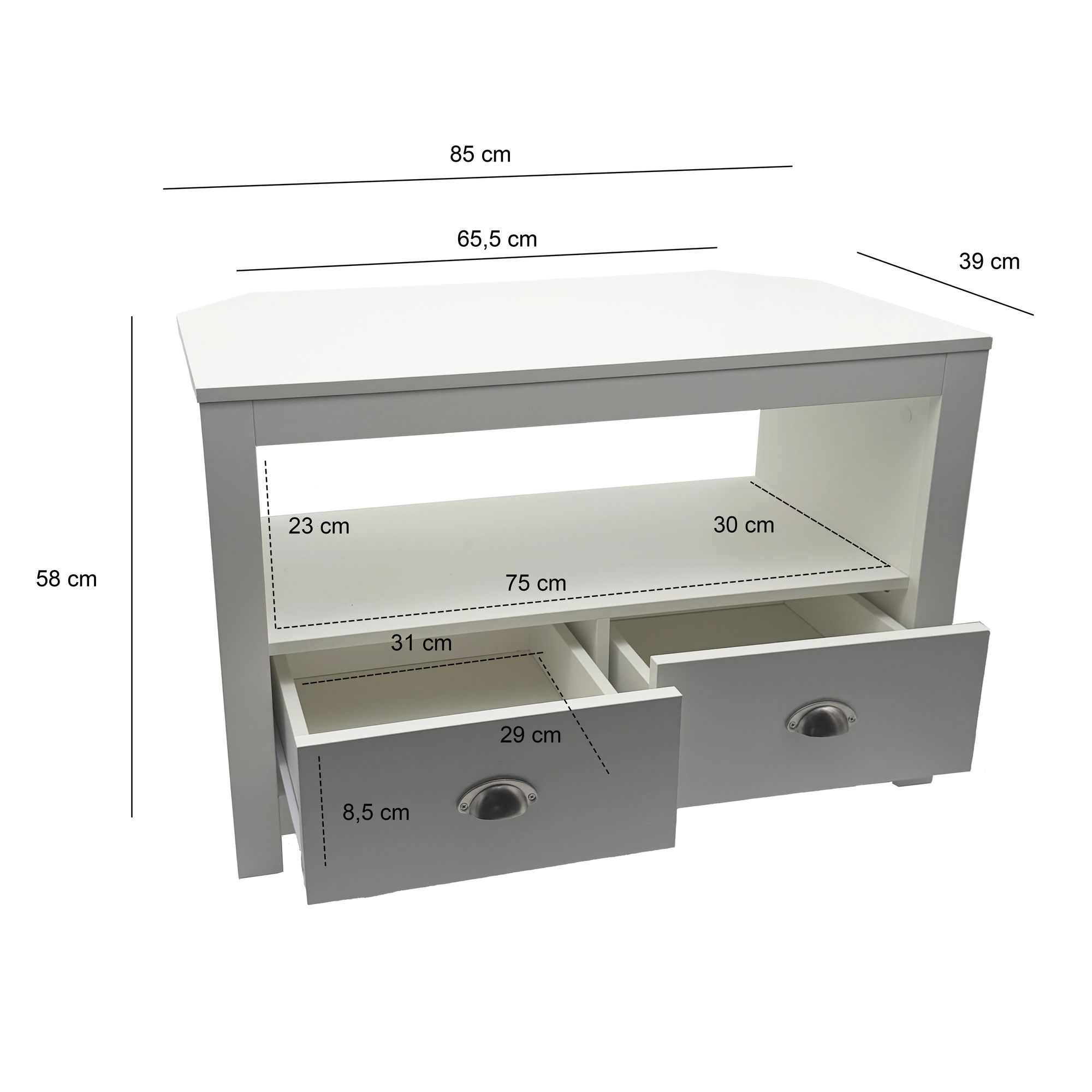 FineBuy Lowboard TV Möbel Weiß 85cm - Kompaktes TV Board mit zwei Schubladen - Fernsehunterschrank mit offenem Fach - Platzsparende Fernsehkommode - Fernsehschrank TV Tisch für Raumecken | Farbe: Weiß
