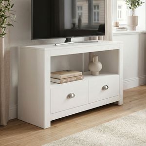 FineBuy Lowboard TV Möbel Weiß 85cm - Kompaktes TV Board mit zwei Schubladen - Fernsehunterschrank mit offenem Fach - Platzsparende Fernsehkommode - Fernsehschrank TV Tisch für Raumecken