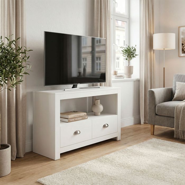 FineBuy Lowboard TV Möbel Weiß 85cm - Kompaktes TV Board mit zwei Schubladen - Fernsehunterschrank mit offenem Fach - Platzsparende Fernsehkommode - Fernsehschrank TV Tisch für Raumecken