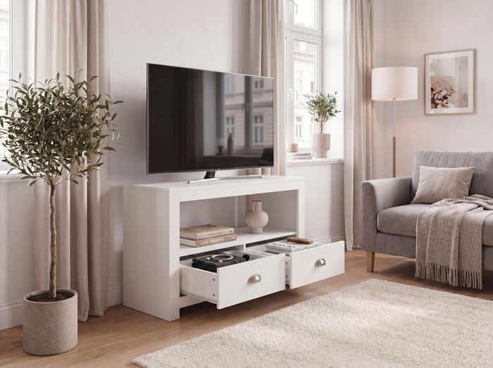 FineBuy Lowboard TV Möbel Weiß 85cm - Kompaktes TV Board mit zwei Schubladen - Fernsehunterschrank mit offenem Fach - Platzsparende Fernsehkommode - Fernsehschrank TV Tisch für Raumecken