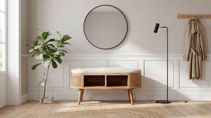 FineBuy gepolsterte Sitzbank 90 cm Wiener Geflecht - Retro Schuhbank für Garderobe Schlafzimmer & Wohnzimmer - Garderobenbank Eingangsbereich - Flurbank Handmade