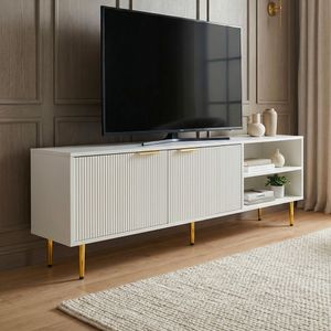 FineBuy Lowboard TV Möbel Weiß 150cm - TV Board mit Lamellenfront - TV Kommode mit 2 Türen und offenen Fächern - Fernsehkommode Fernsehunterschrank mit Metallbeinen - TV Schrank Modern