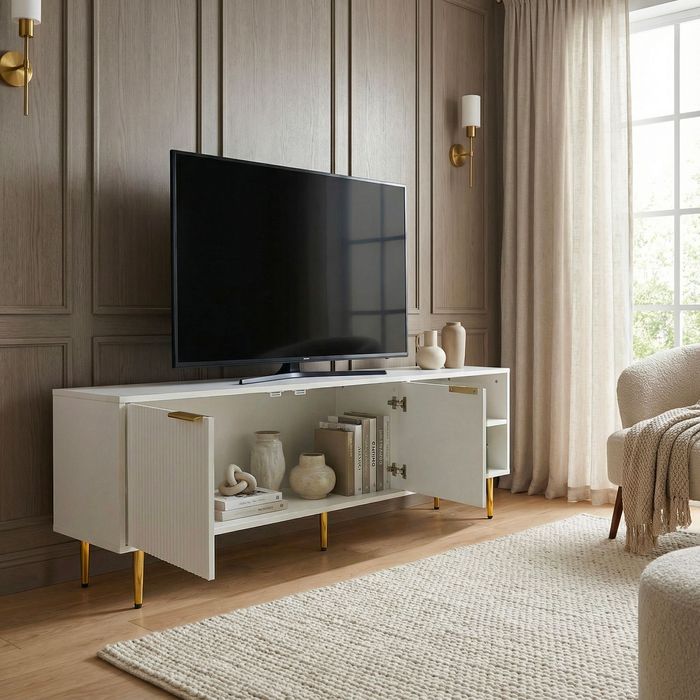 FineBuy Lowboard TV Möbel Weiß 150cm - TV Board mit Lamellenfront - TV Kommode mit 2 Türen und offenen Fächern - Fernsehkommode Fernsehunterschrank mit Metallbeinen - TV Schrank Modern