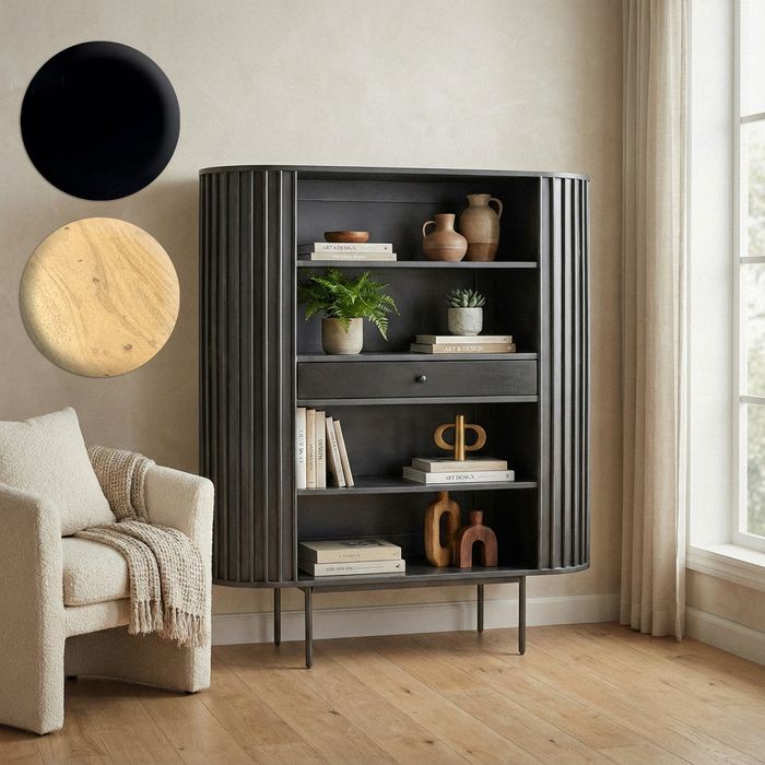FineBuy Bücherregal Massivholz 105x122 cm Lamellen Design - Offenes Standregal mit Schublade - Stauraumregal Metallbeine - Wohnregal Wohnzimmer - Kleiner Schrank Regal Handmade