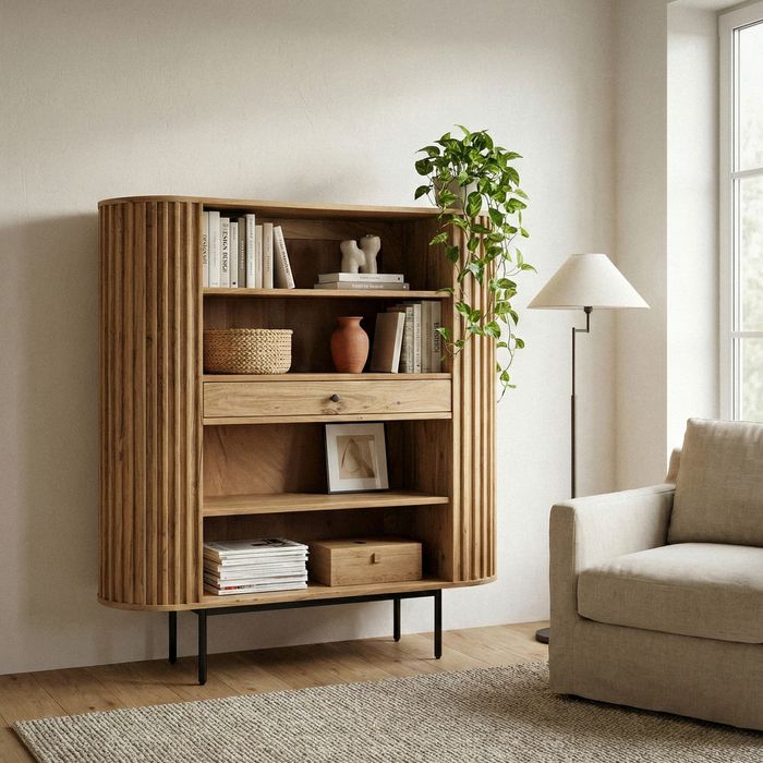 Bücherregal Standregal Massivholz mit Schublade Wohnregal modern Schrank klein – Maßzeichnung