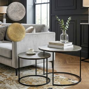 FineBuy Satztisch Metall 2er Set rund - Couchtisch Aluminium Tischplatten mit Muster - Beistelltisch Sofatisch Alu modern - Wohnzimmertisch Eisen Gestell Handmade