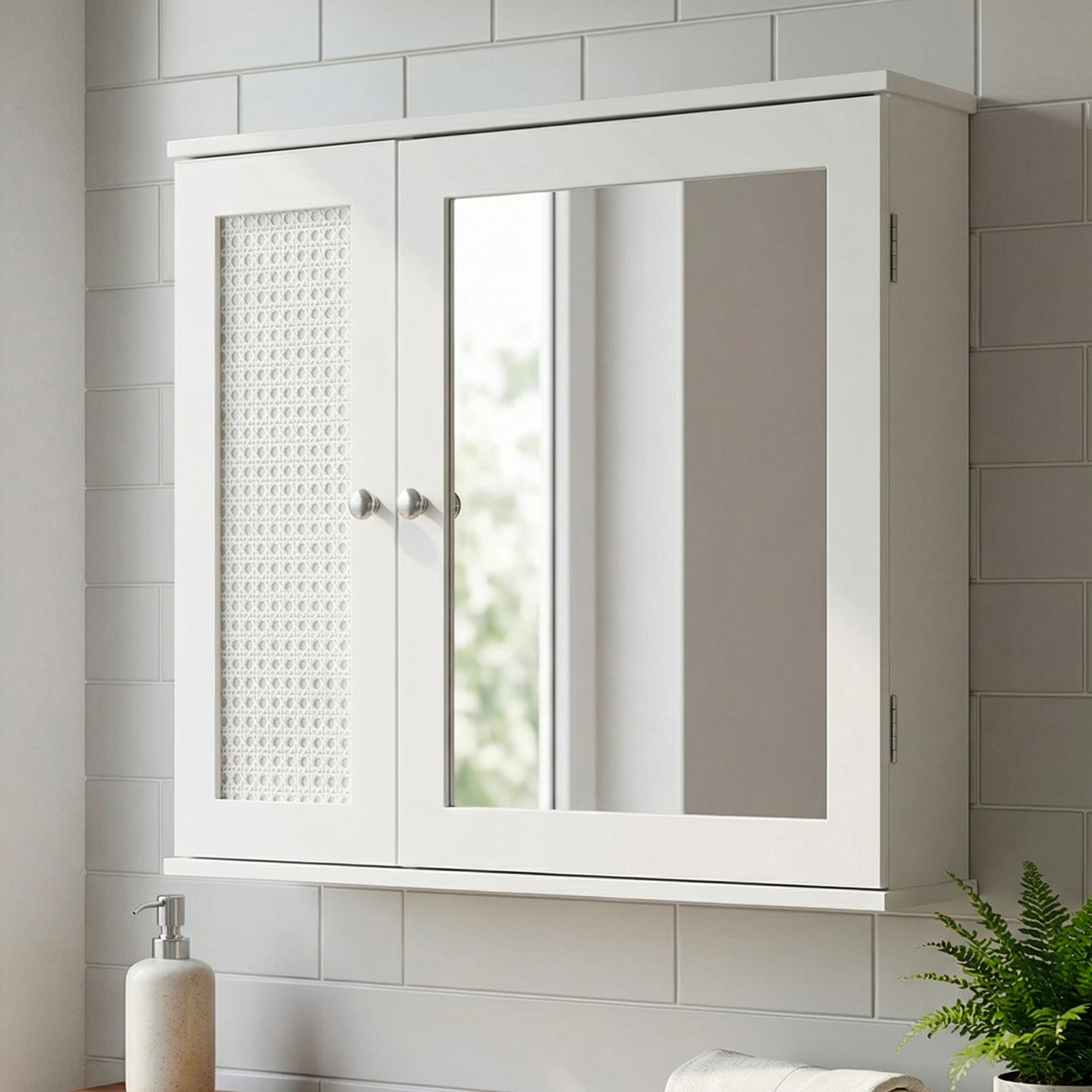 FineBuy Spiegelschrank Weiß 60cm - Wand Badschrank mit 1 Spiegeltür - Hängeschrank Bad Wandschrank im Rattan Aufbewahrungsschrank mit Tür Design Badezimmerspiegel | Farbe: Weiß