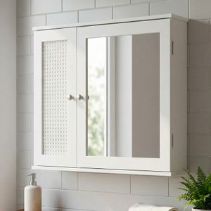 FineBuy Spiegelschrank Weiß 60cm - Wand Badschrank mit 1 Spiegeltür - Hängeschrank Bad Wandschrank im Rattan Aufbewahrungsschrank mit Tür Design Badezimmerspiegel