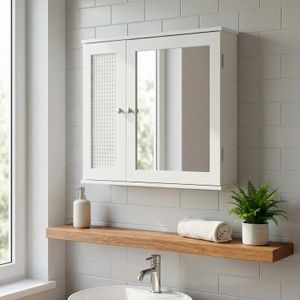 FineBuy Spiegelschrank Weiß 60cm - Wand Badschrank mit 1 Spiegeltür - Hängeschrank Bad Wandschrank im Rattan Aufbewahrungsschrank mit Tür Design Badezimmerspiegel