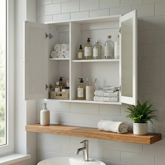 FineBuy Spiegelschrank Weiß 60cm - Wand Badschrank mit 1 Spiegeltür - Hängeschrank Bad Wandschrank im Rattan Aufbewahrungsschrank mit Tür Design Badezimmerspiegel