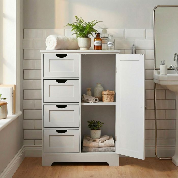 FineBuy schmaler Badschrank 55x80 cm mit Wiener Geflecht – Badezimmerschrank mit Tür und 4 Schubladen – Badregal aus lackiertem MDF – Badezimmerregal modern – Aufbewahrungsschrank Bad Badezimmer