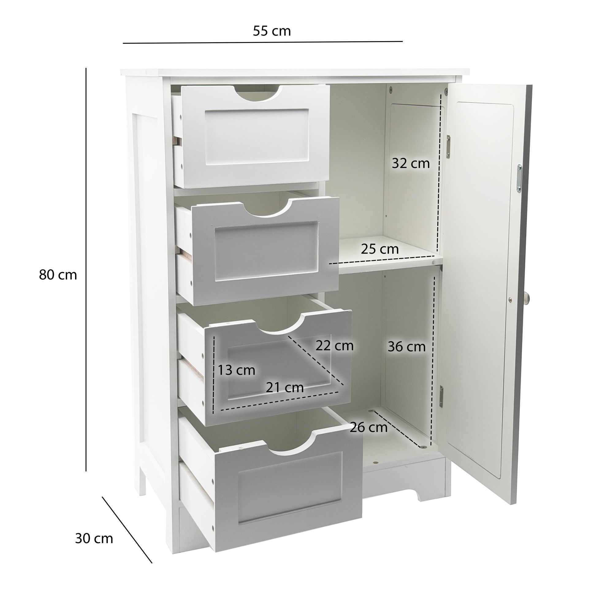FineBuy schmaler Standschrank mit Schubladen und Tür 55x80 cm – Aufbewahrungsschrank aus MDF Weiß – Kommode mit Rattan Geflecht – Schrank für Flur und Wohnzimmer – Schubladenkommode modern | Farbe: Weiß