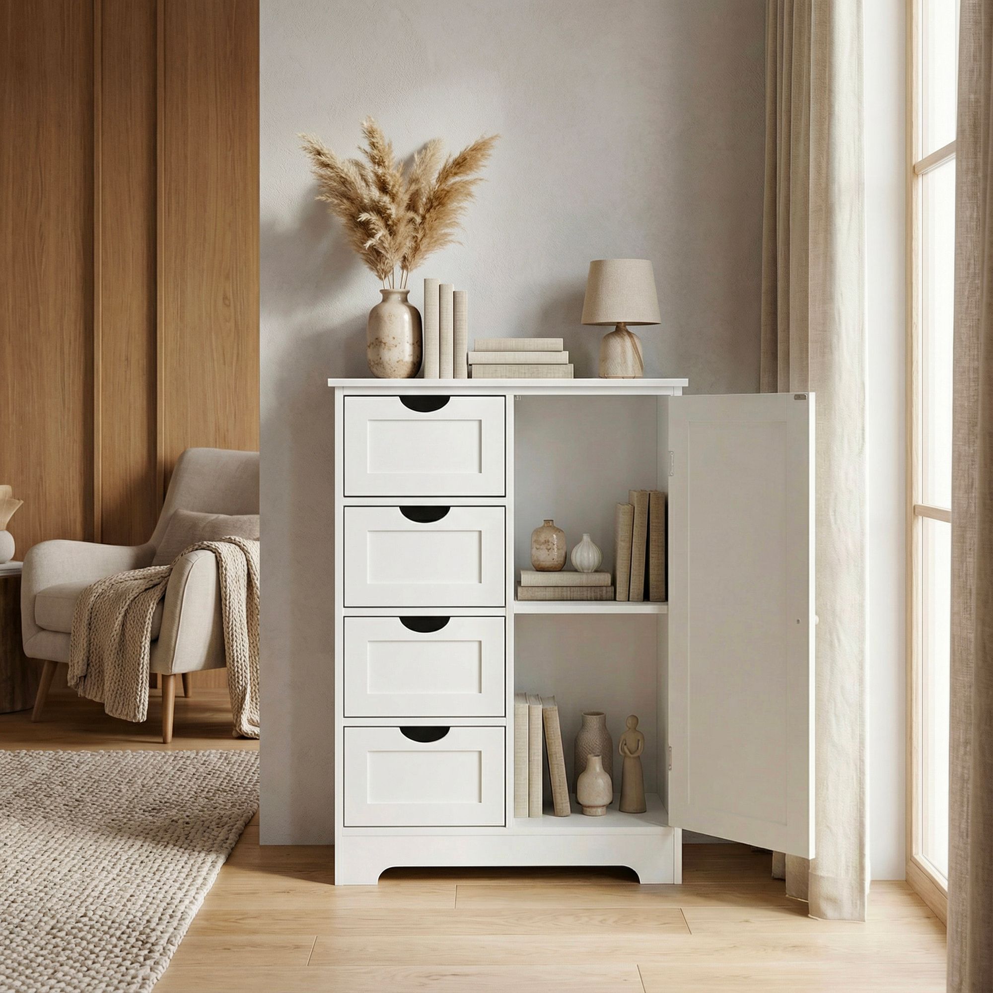 FineBuy schmaler Standschrank mit Schubladen und Tür 55x80 cm – Aufbewahrungsschrank aus MDF Weiß – Kommode mit Rattan Geflecht – Schrank für Flur und Wohnzimmer – Schubladenkommode modern | Farbe: Weiß