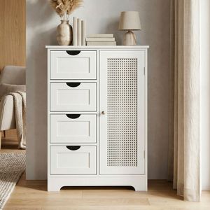 FB114129 FineBuy schmaler Standschrank mit Schubladen und Tür 55x80 cm – Aufbewahrungsschrank aus MDF Weiß – Kommode mit Rattan Geflecht – Schrank für Flur und Wohnzimmer – Schubladenkommode modern