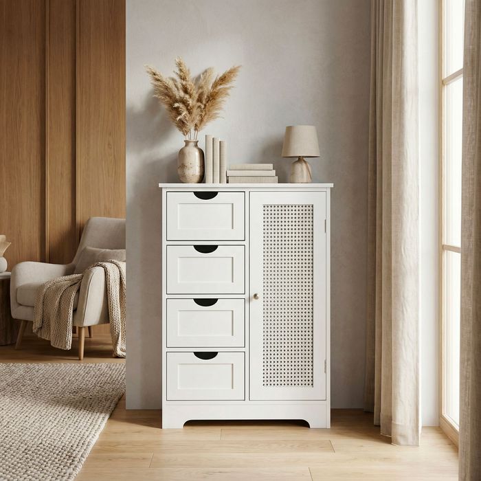 FineBuy schmaler Standschrank mit Schubladen und Tür 55x80 cm – Aufbewahrungsschrank aus MDF Weiß – Kommode mit Rattan Geflecht – Schrank für Flur und Wohnzimmer – Schubladenkommode modern