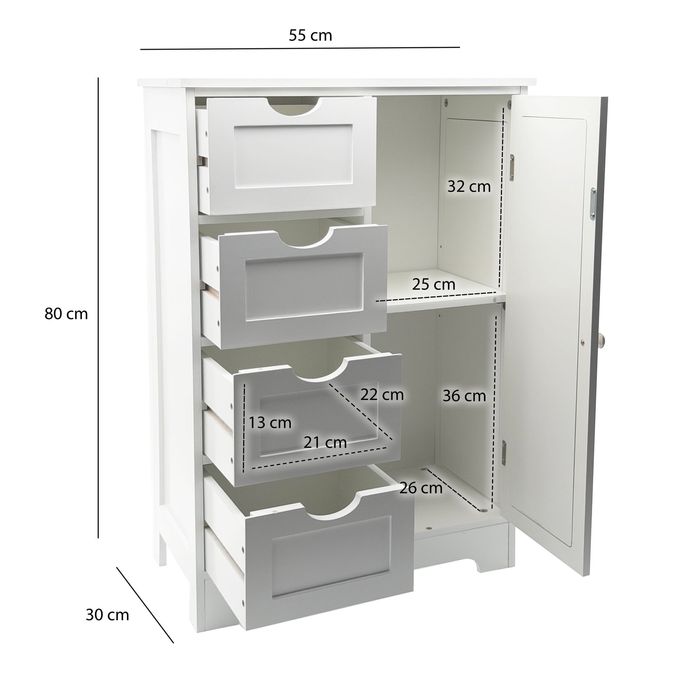 Standschrank 80cm Weiß Aufbewahrungsschrank Kommode Schubladen Tür Schrank – Maßzeichnung