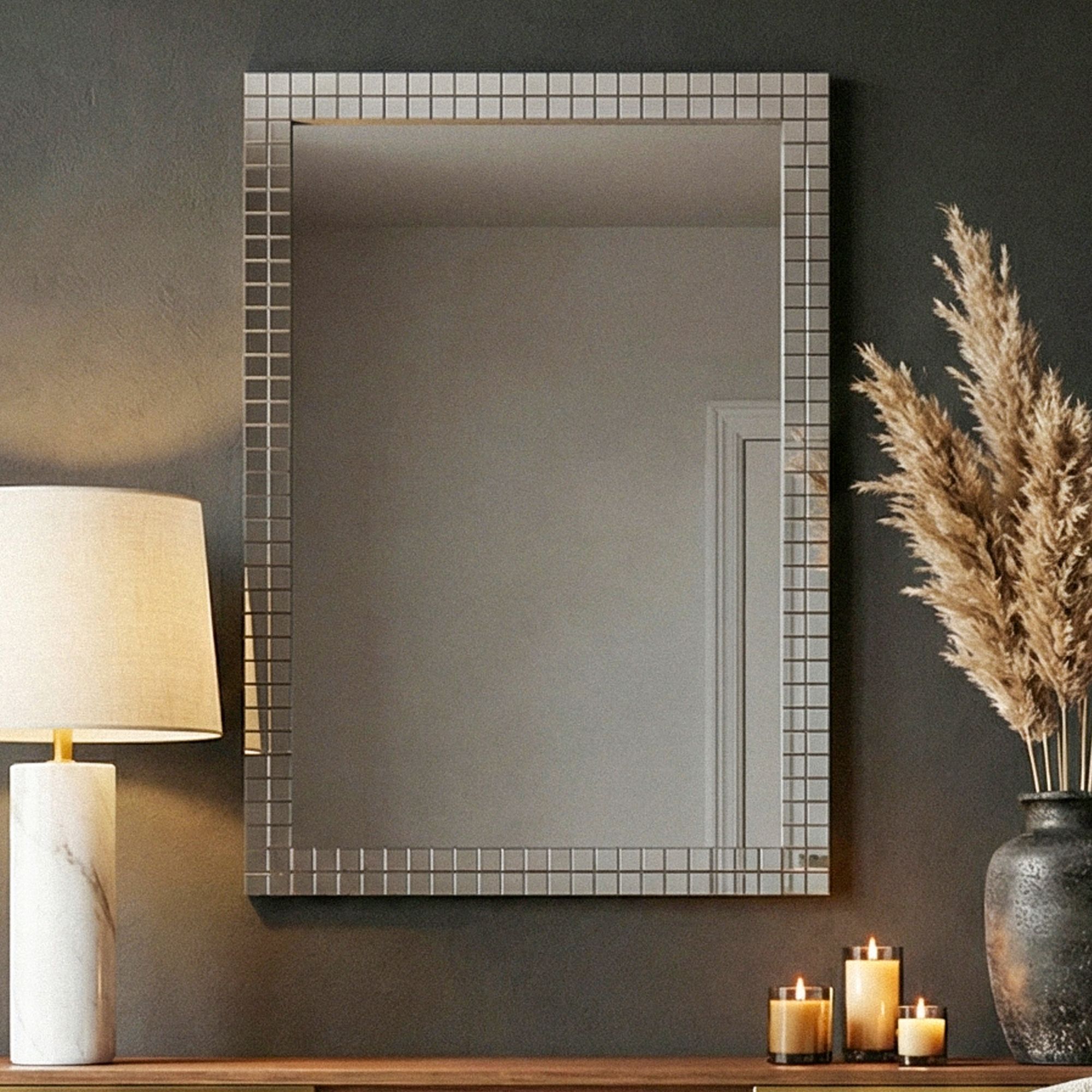 FineBuy Wandspiegel 60x90 cm mit Mosaikrahmen – Spiegel rechteckig – Wohnspiegel aus Glas – Hängespiegel Flurspiegel modern – Wohnzimmerspiegel vertikal & horizontal – Dekospiegel Handmade | Farbe: Schwarz