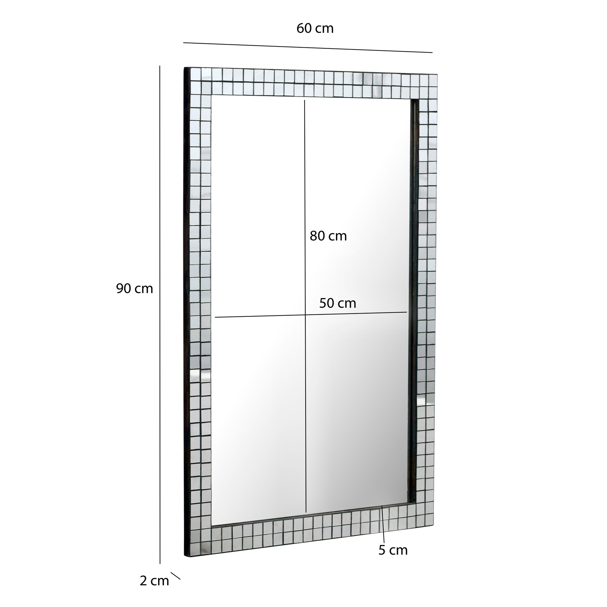 FineBuy Wandspiegel 60x90 cm mit Mosaikrahmen – Spiegel rechteckig – Wohnspiegel aus Glas – Hängespiegel Flurspiegel modern – Wohnzimmerspiegel vertikal & horizontal – Dekospiegel Handmade | Farbe: Schwarz