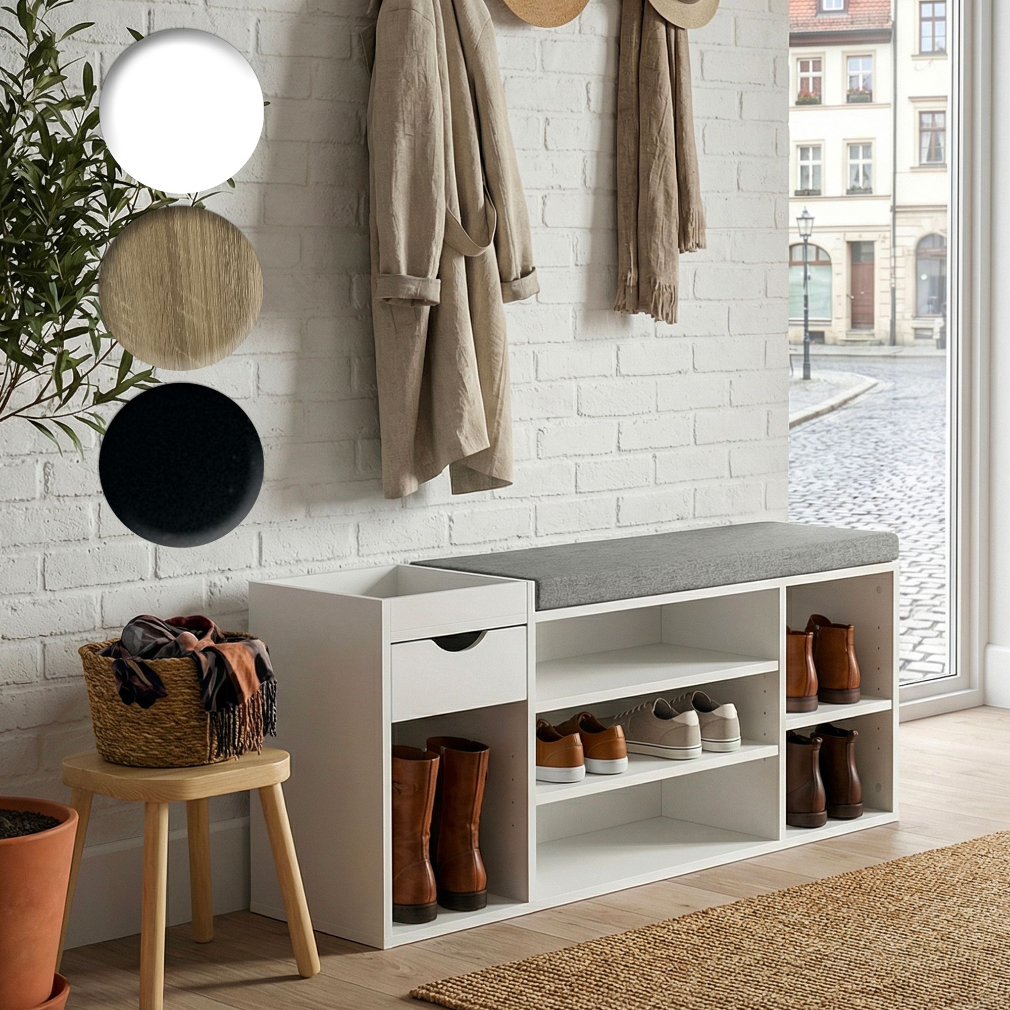 FineBuy Schuhbank Flur 100cm mit Sitzkissen – Sitzbank mit Schublade und verstellbaren Regalböden – Flurmöbel Schuhregal modern für den Eingangsbereich – Flurbank mit Stauraum | Farbe: Weiß