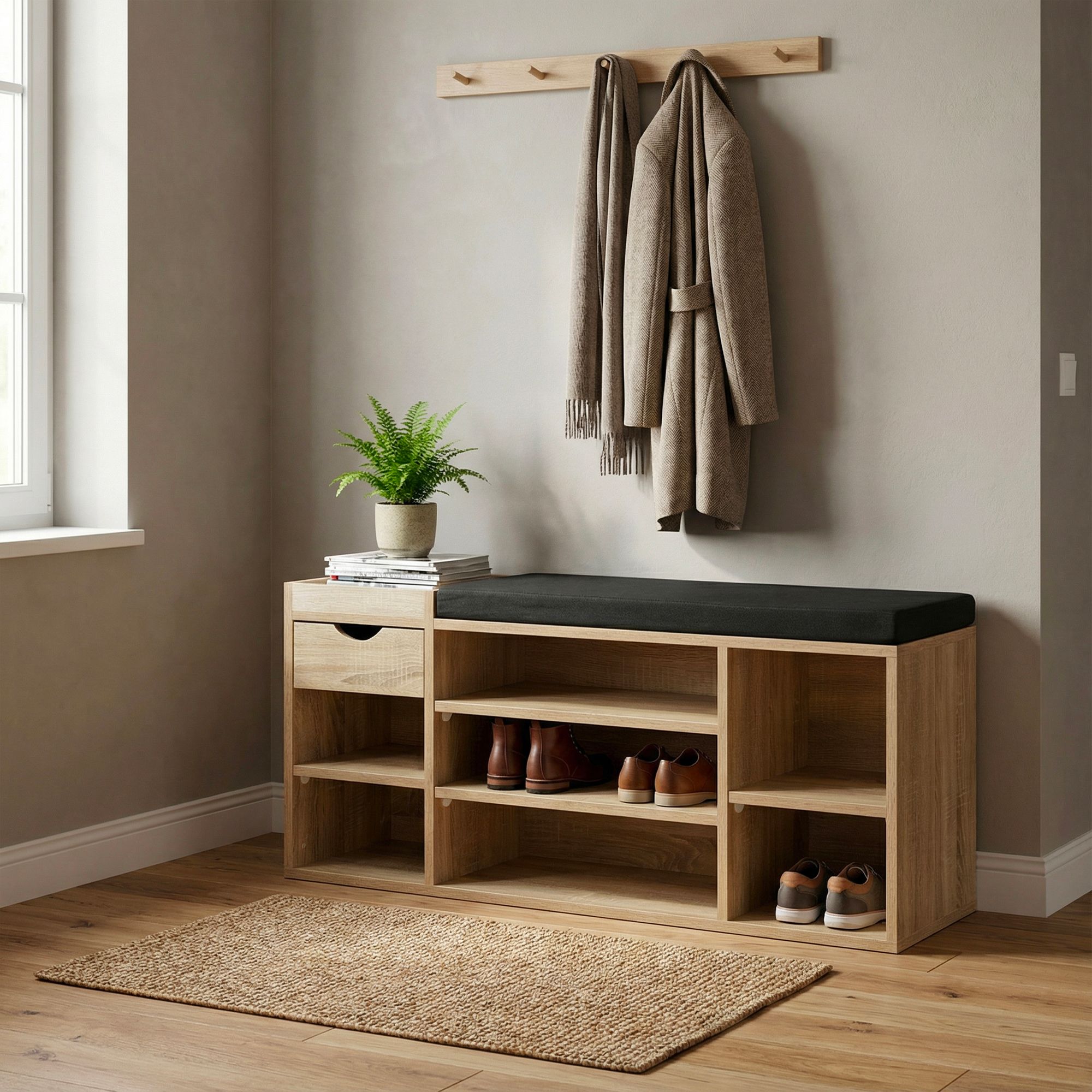 FineBuy Schuhbank Flur 100cm mit Sitzkissen – Sitzbank mit Schublade und verstellbaren Regalböden – Flurmöbel Schuhregal modern für den Eingangsbereich – Flurbank mit Stauraum | Farbe: Weiß