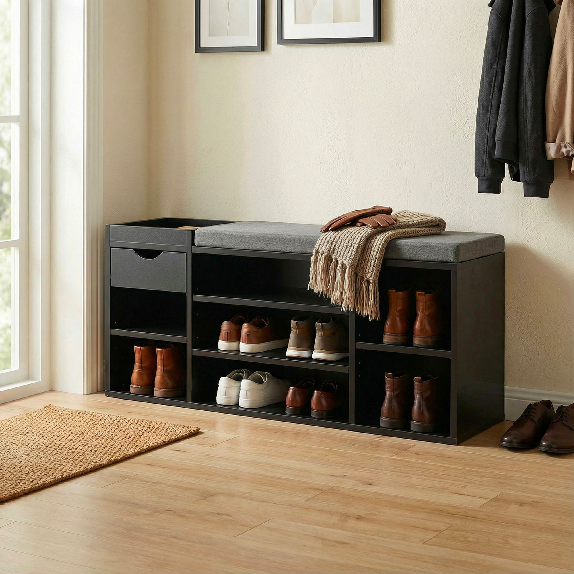 FineBuy Schuhbank Flur 100cm mit Sitzkissen – Sitzbank mit Schublade und verstellbaren Regalböden – Flurmöbel Schuhregal modern für den Eingangsbereich – Flurbank mit Stauraum | Farbe: Weiß