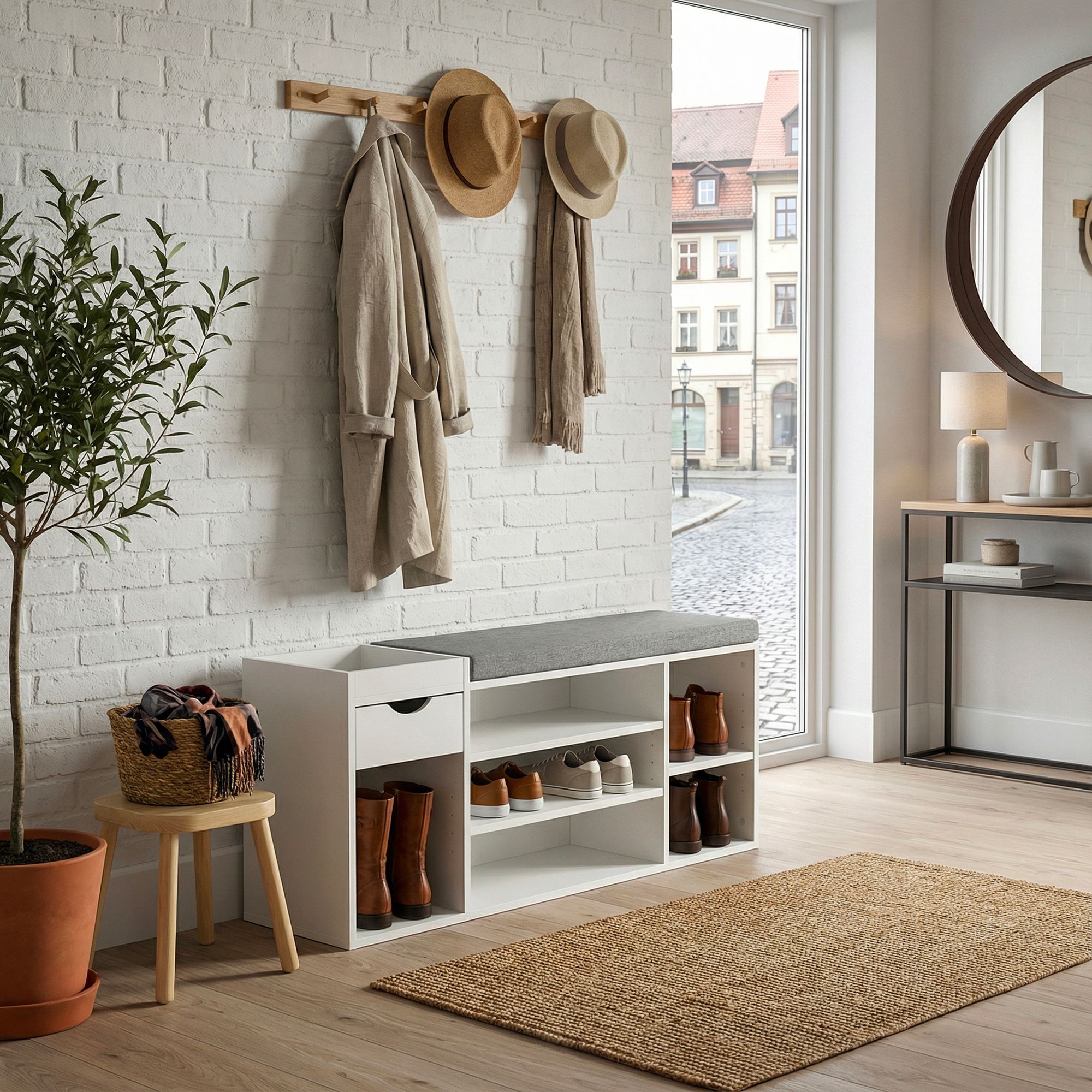 FineBuy Schuhbank Flur 100cm mit Sitzkissen – Sitzbank mit Schublade und verstellbaren Regalböden – Flurmöbel Schuhregal modern für den Eingangsbereich – Flurbank mit Stauraum | Farbe: Weiß