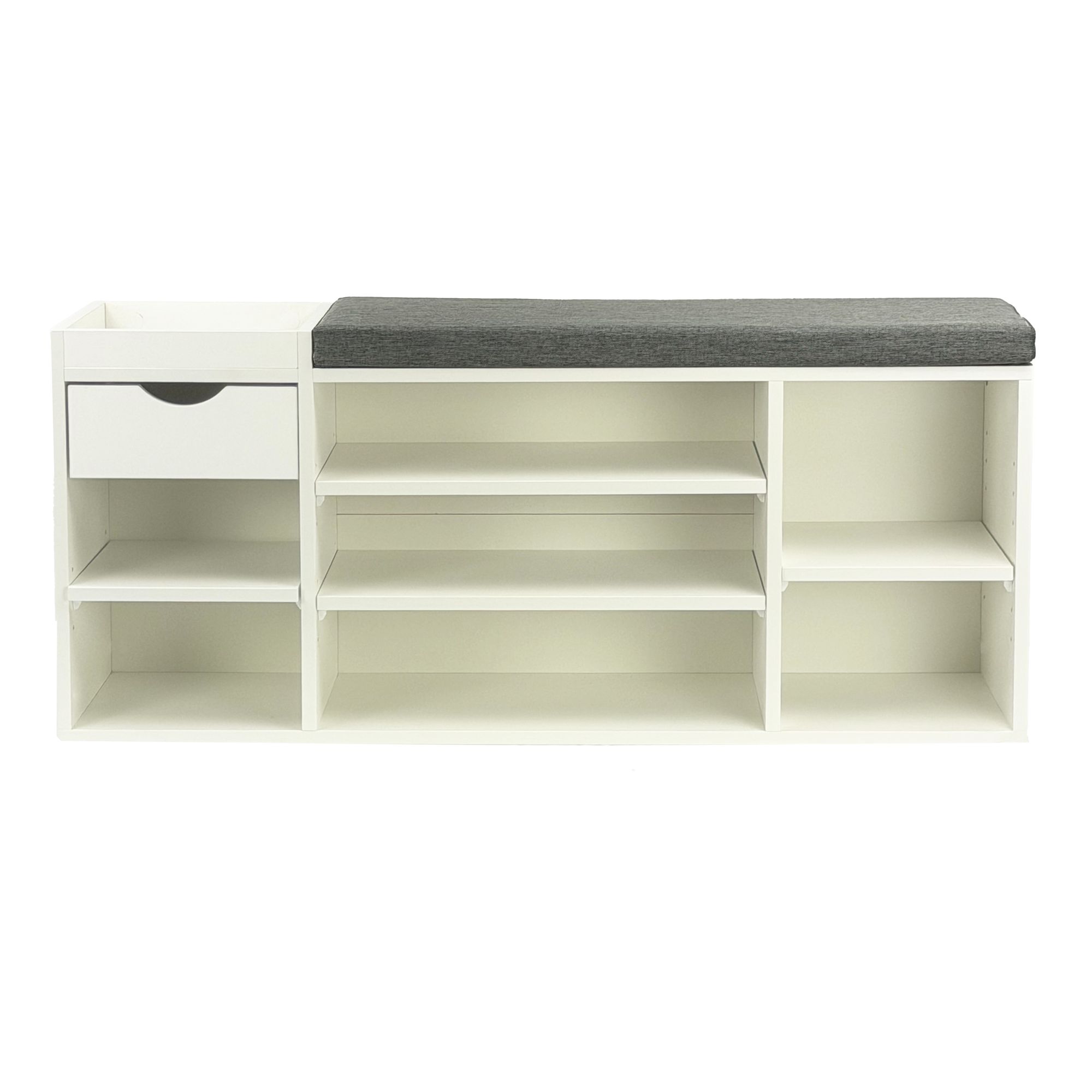 FineBuy Schuhbank Flur 100cm mit Sitzkissen – Sitzbank mit Schublade und verstellbaren Regalböden – Flurmöbel Schuhregal modern für den Eingangsbereich – Flurbank mit Stauraum | Farbe: Weiß