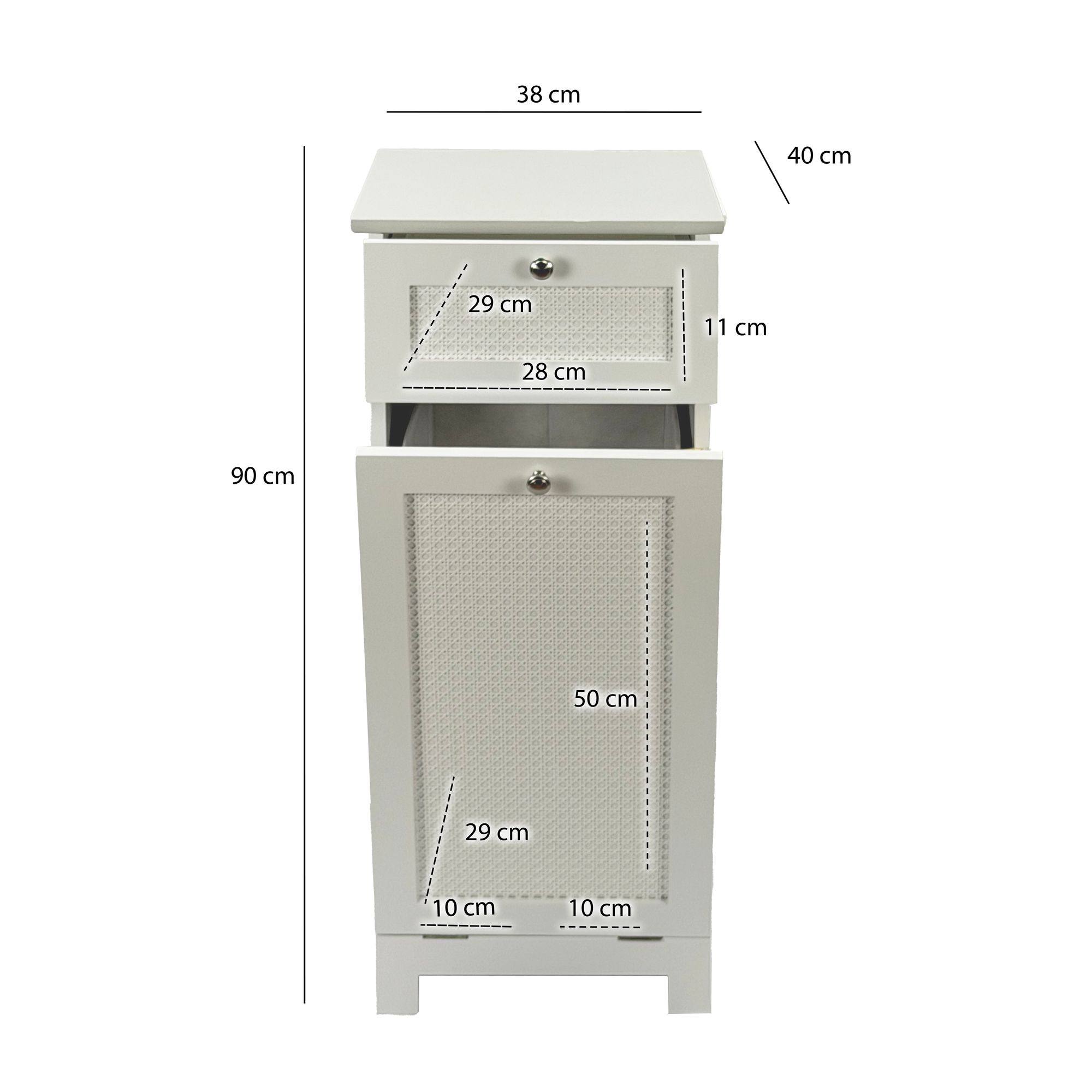 FineBuy Wäscheschrank Weiß 38x90x40 cm Ratten Geflecht Nischenschrank Bad - Schmaler Wäschekipper mit Klapptür und Schublade - Badschrank Wäschesammler Badezimmer | Farbe: Weiß