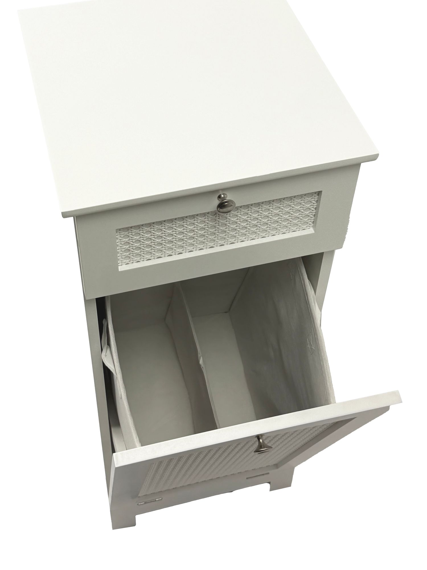 FineBuy Wäscheschrank Weiß 38x90x40 cm Ratten Geflecht Nischenschrank Bad - Schmaler Wäschekipper mit Klapptür und Schublade - Badschrank Wäschesammler Badezimmer | Farbe: Weiß