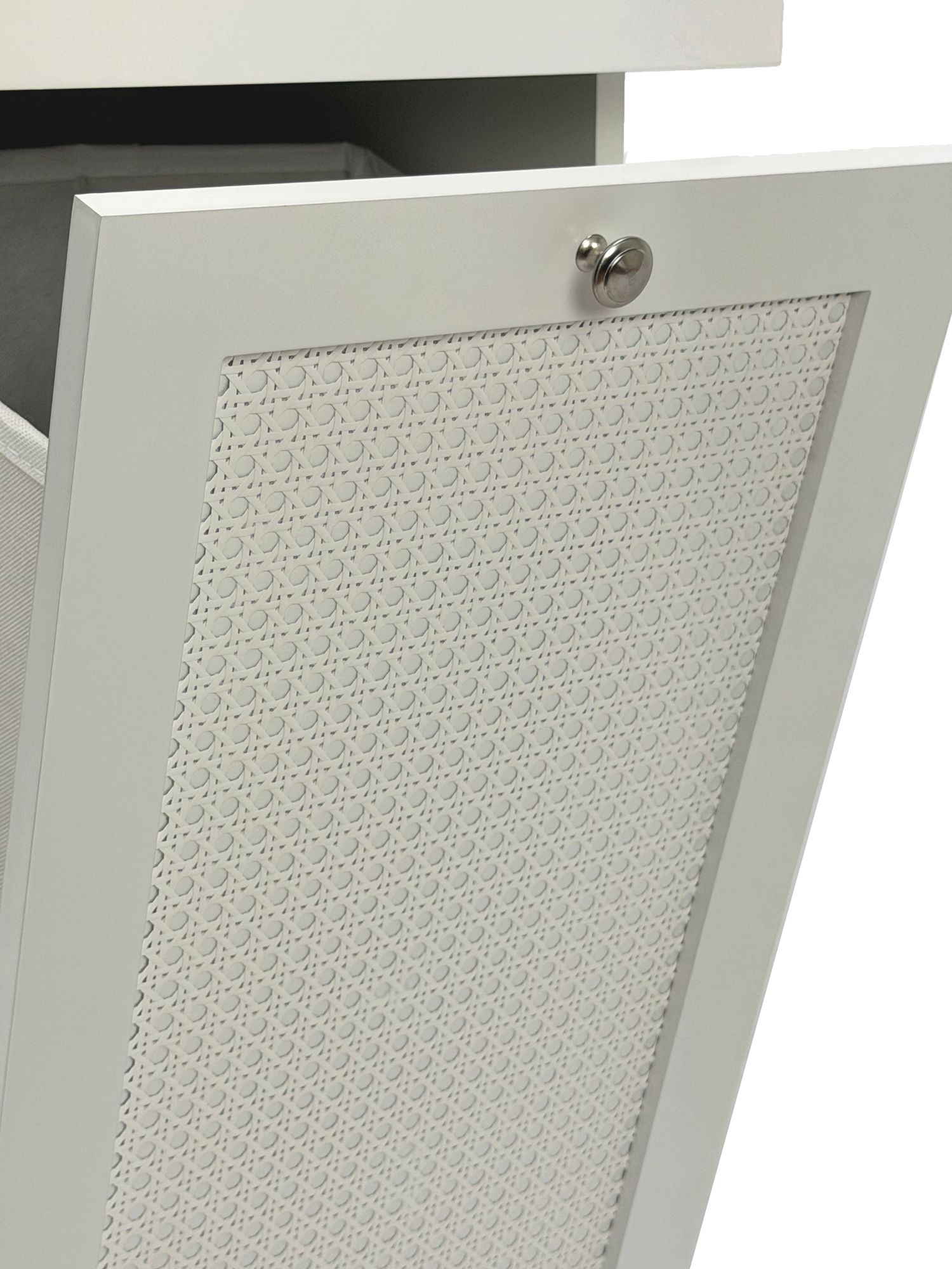 FineBuy Wäscheschrank Weiß 38x90x40 cm Ratten Geflecht Nischenschrank Bad - Schmaler Wäschekipper mit Klapptür und Schublade - Badschrank Wäschesammler Badezimmer | Farbe: Weiß