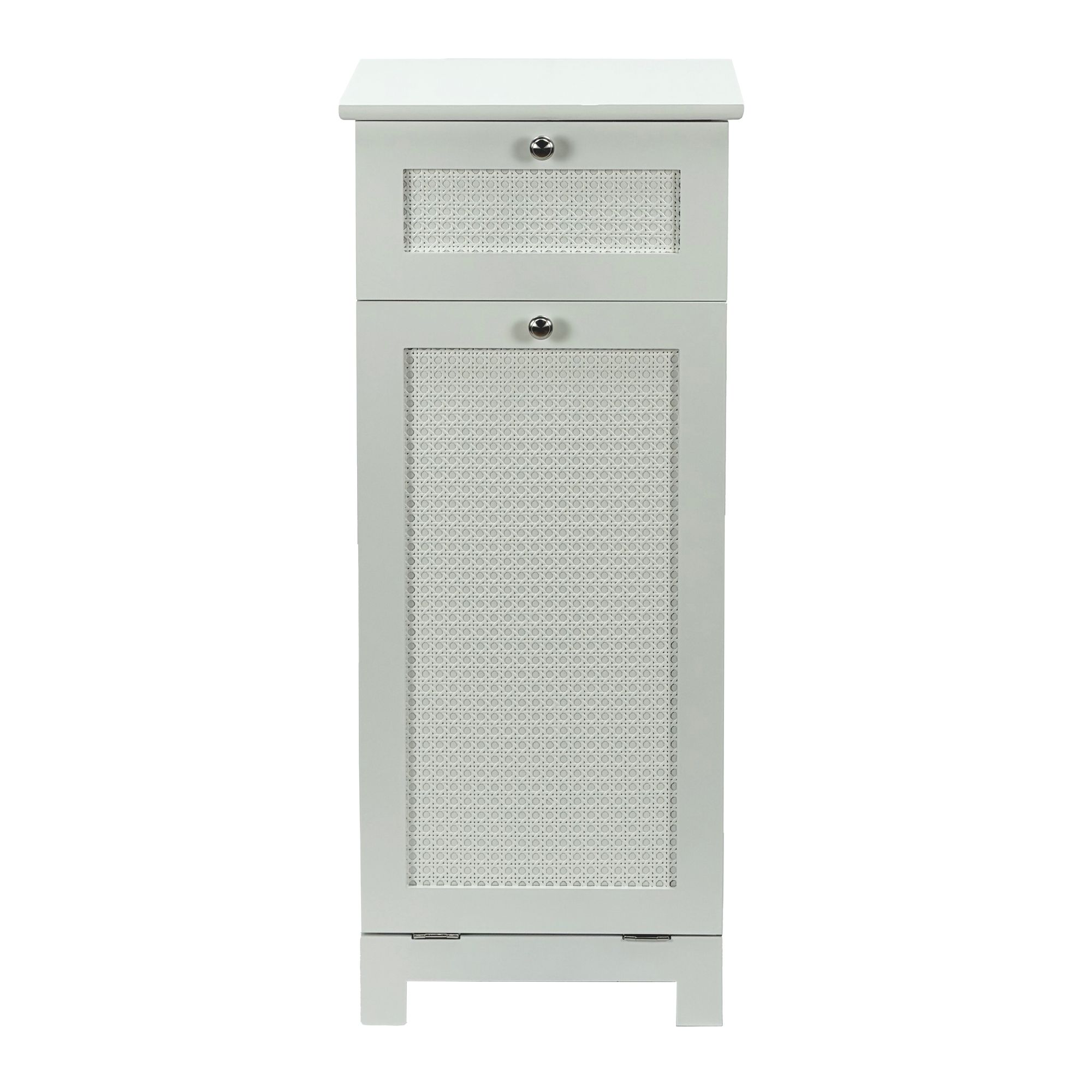 FineBuy Wäscheschrank Weiß 38x90x40 cm Ratten Geflecht Nischenschrank Bad - Schmaler Wäschekipper mit Klapptür und Schublade - Badschrank Wäschesammler Badezimmer | Farbe: Weiß