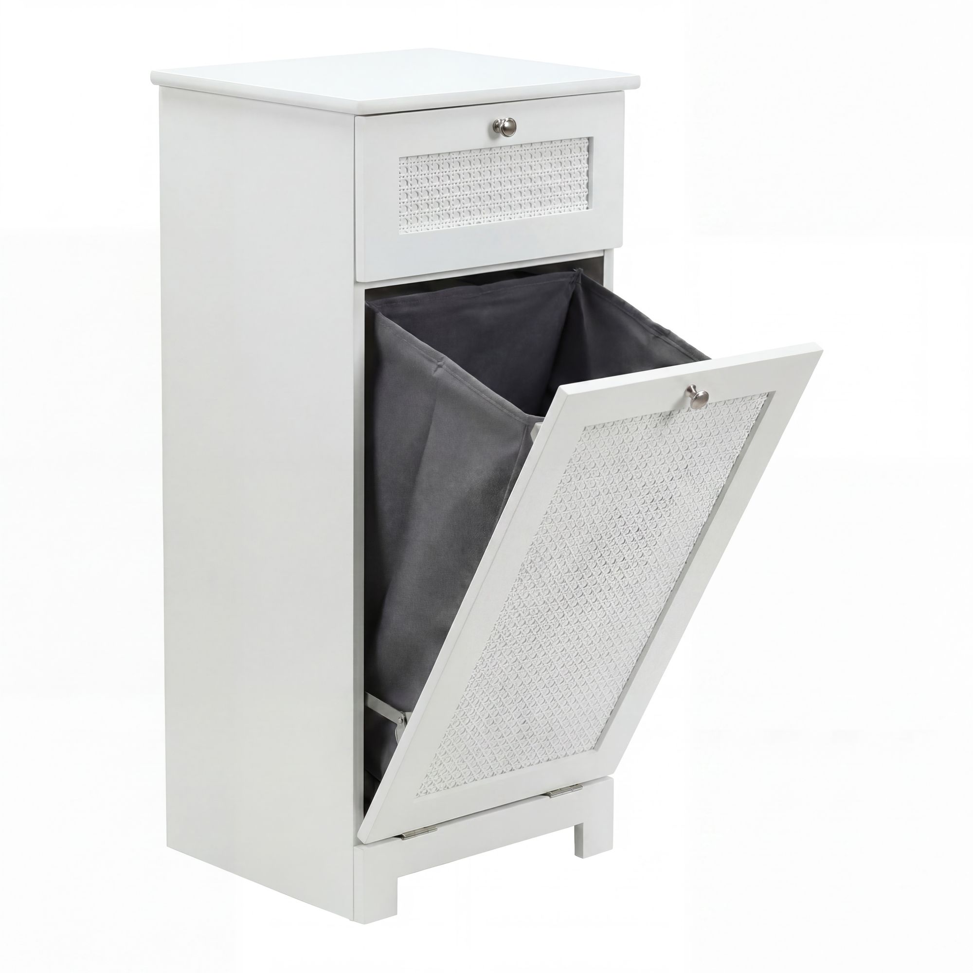 FineBuy Wäscheschrank Weiß 38x90x40 cm Ratten Geflecht Nischenschrank Bad - Schmaler Wäschekipper mit Klapptür und Schublade - Badschrank Wäschesammler Badezimmer