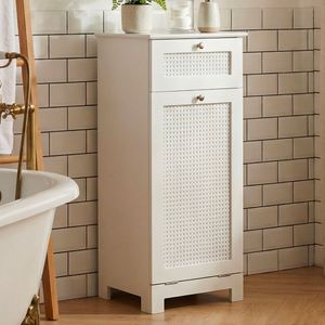 FineBuy Wäscheschrank Weiß 38x90x40 cm Ratten Geflecht Nischenschrank Bad - Schmaler Wäschekipper mit Klapptür und Schublade - Badschrank Wäschesammler Badezimmer