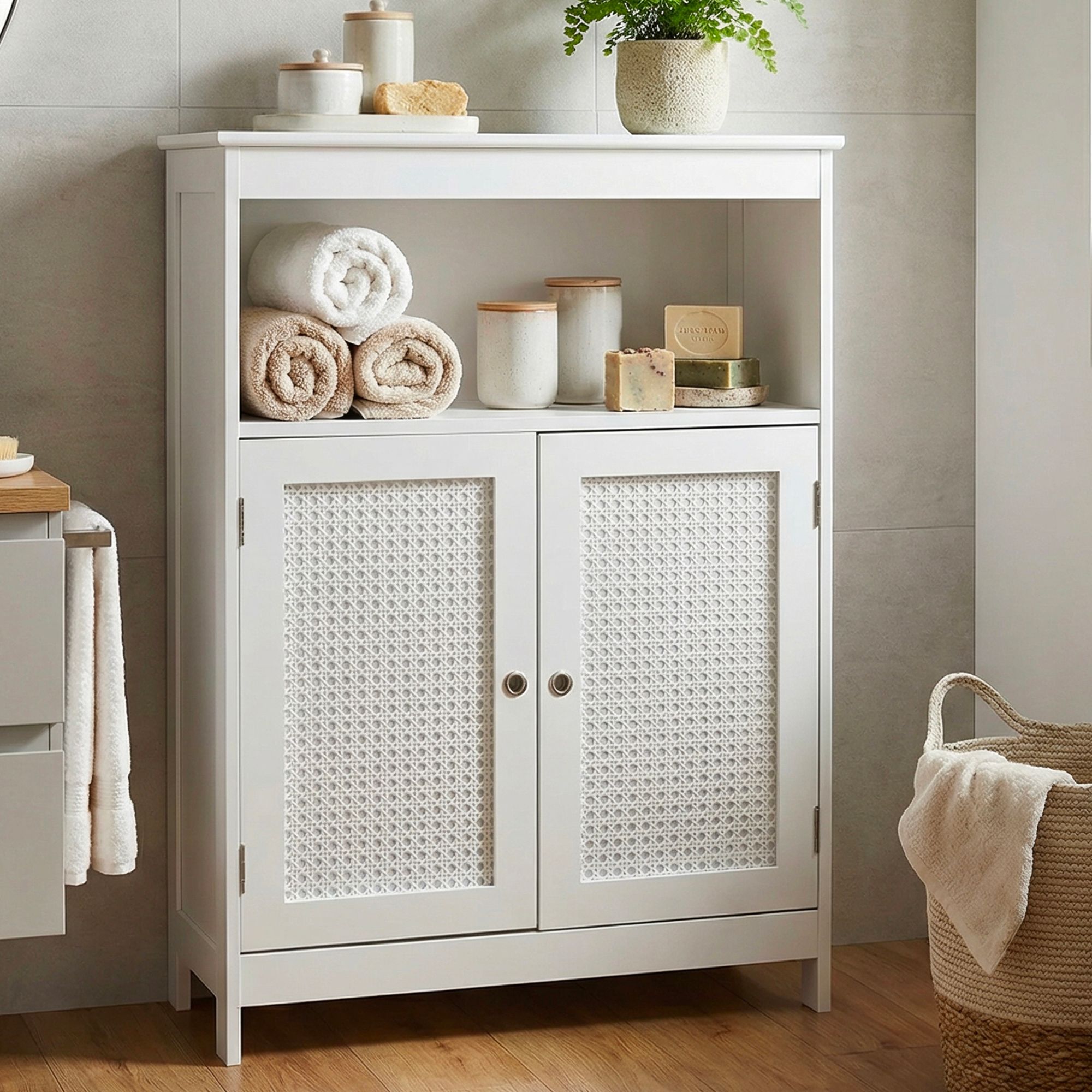 Badschrank Weiß Badezimmerschrank Türen & Ablage Badezimmerregal Regal für Bad – Ansicht 1