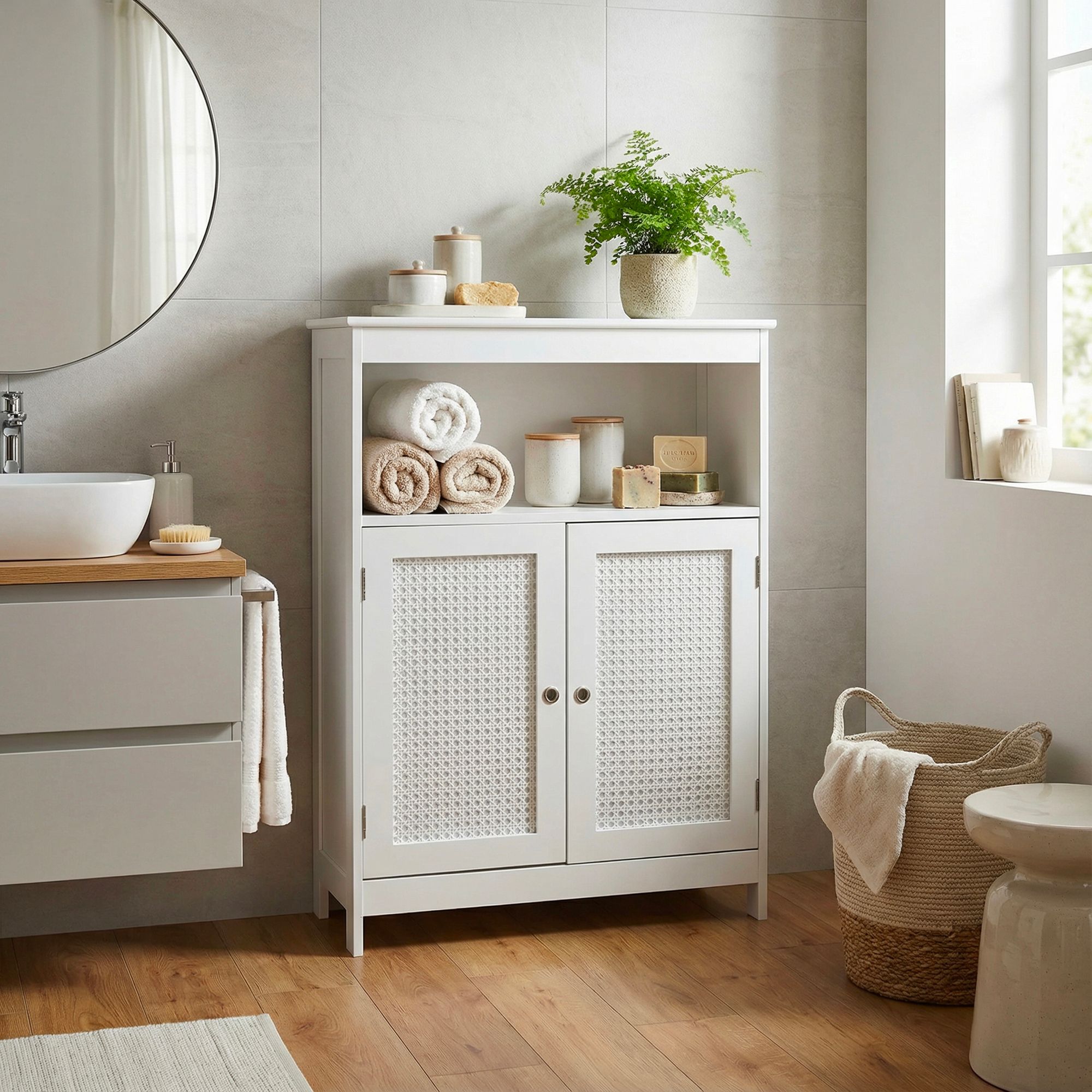 Badschrank Weiß Badezimmerschrank Türen & Ablage Badezimmerregal Regal für Bad – Ansicht 2
