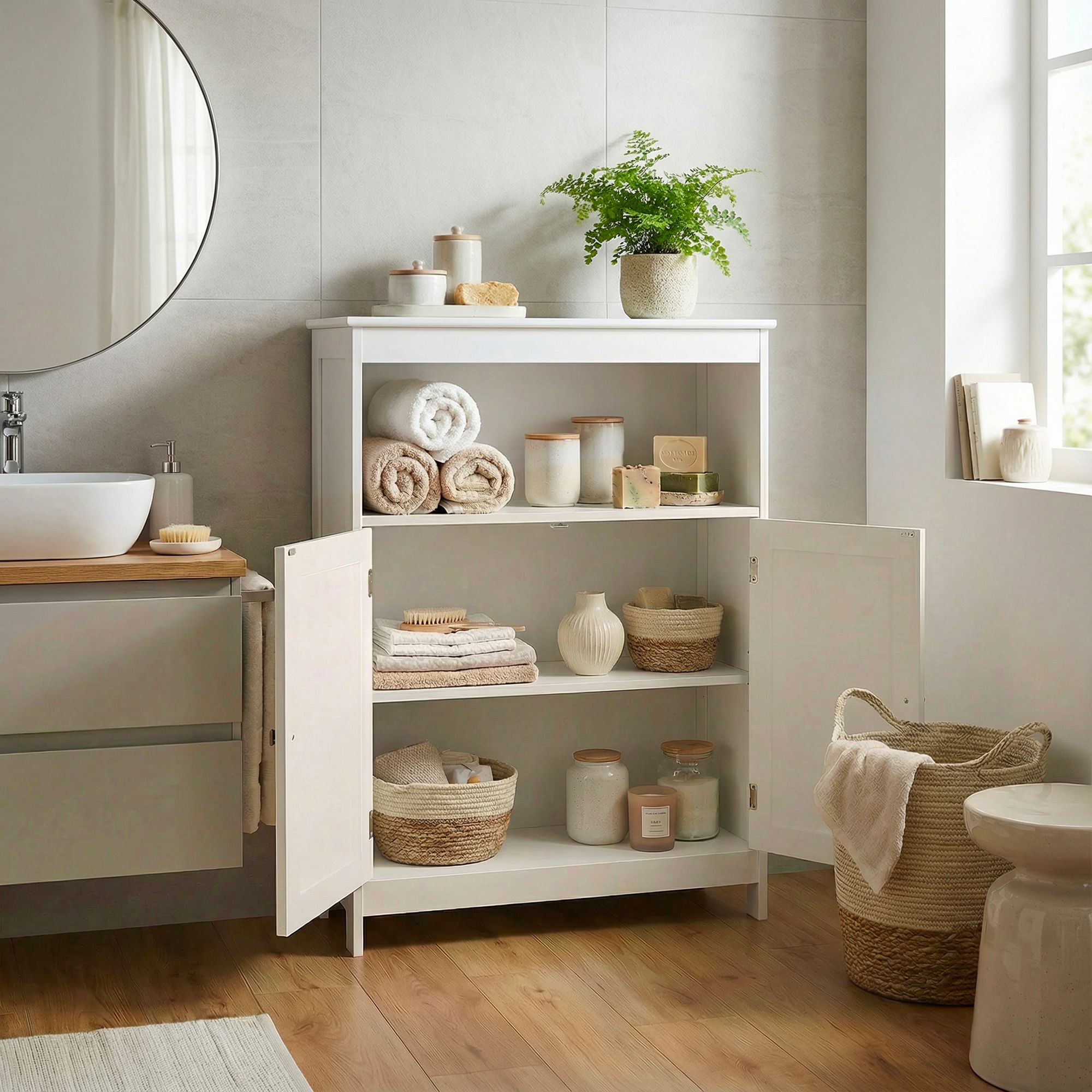 Badschrank Weiß Badezimmerschrank Türen & Ablage Badezimmerregal Regal für Bad – Ansicht 4