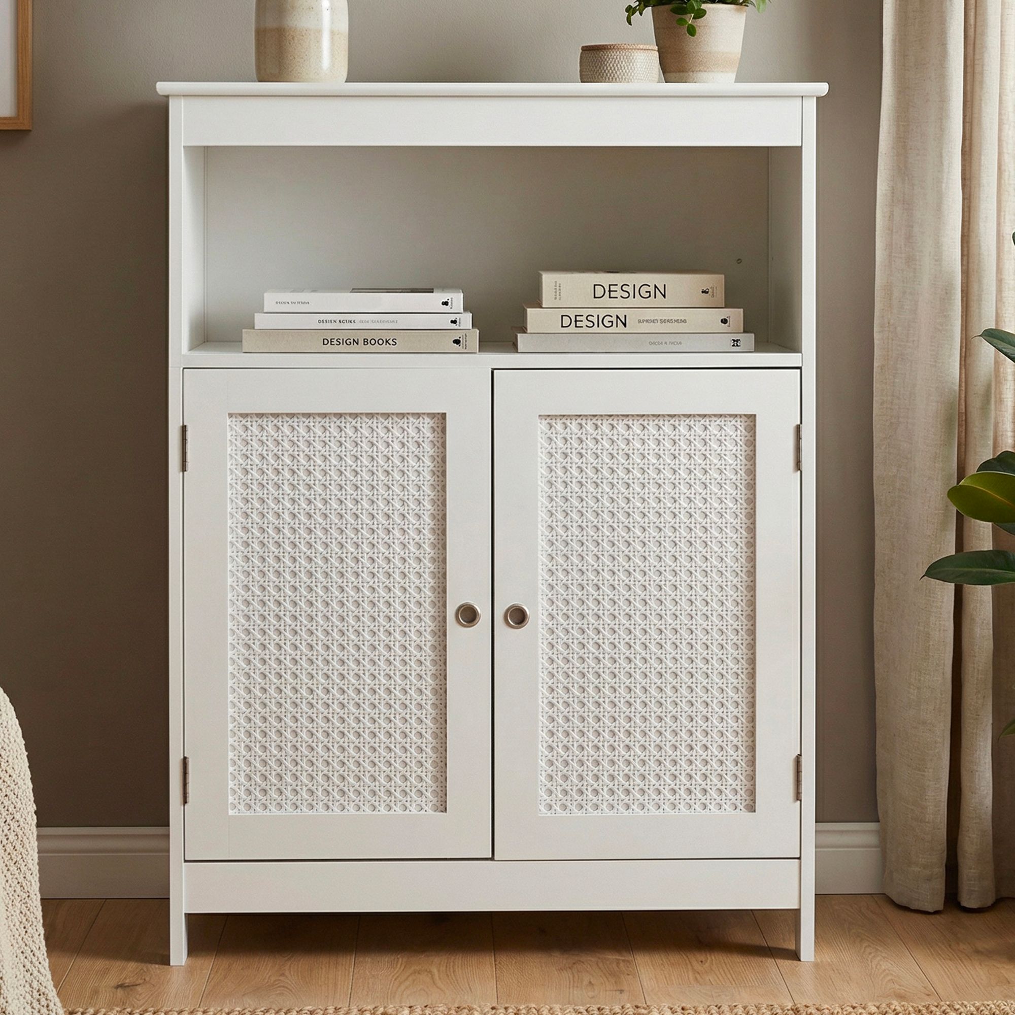 FineBuy Standregal Weiß 80cm – Stauraumregal 2 Schranktüren im Rattan Design & Ablage  – schmales Wohnregal Flur & Wohnzimmer – Kleiner Schrank – Kommode Wiener Geflecht Beistellschrank | Farbe: Weiß