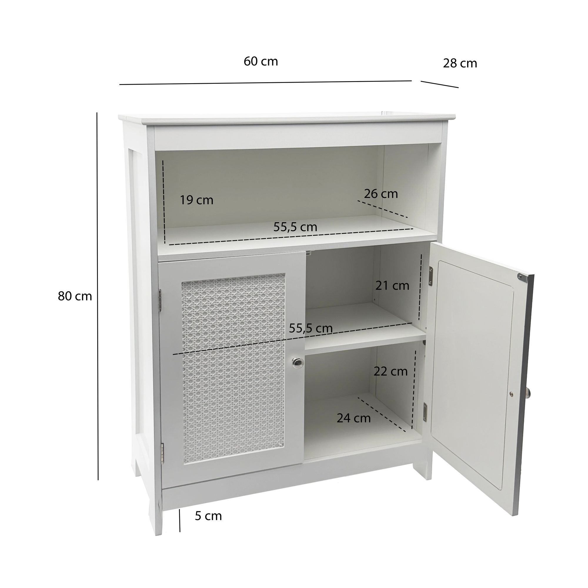 FineBuy Standregal Weiß 80cm – Stauraumregal 2 Schranktüren im Rattan Design & Ablage  – schmales Wohnregal Flur & Wohnzimmer – Kleiner Schrank – Kommode Wiener Geflecht Beistellschrank | Farbe: Weiß