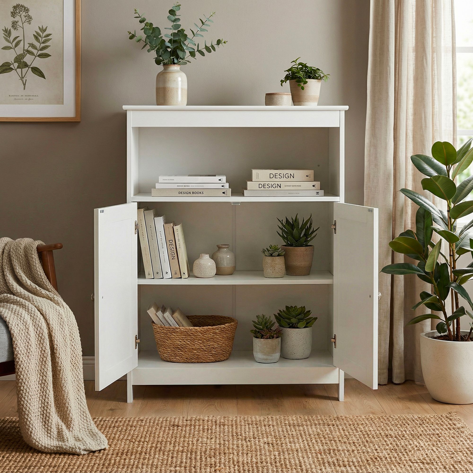 FineBuy Standregal Weiß 80cm – Stauraumregal 2 Schranktüren im Rattan Design & Ablage  – schmales Wohnregal Flur & Wohnzimmer – Kleiner Schrank – Kommode Wiener Geflecht Beistellschrank | Farbe: Weiß