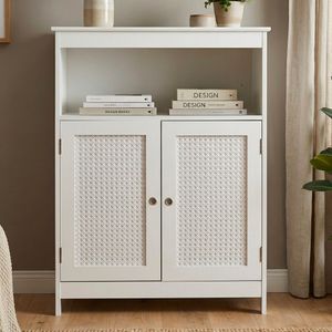 FineBuy Standregal Weiß 80cm – Stauraumregal 2 Schranktüren im Rattan Design & Ablage  – schmales Wohnregal Flur & Wohnzimmer – Kleiner Schrank – Kommode Wiener Geflecht Beistellschrank