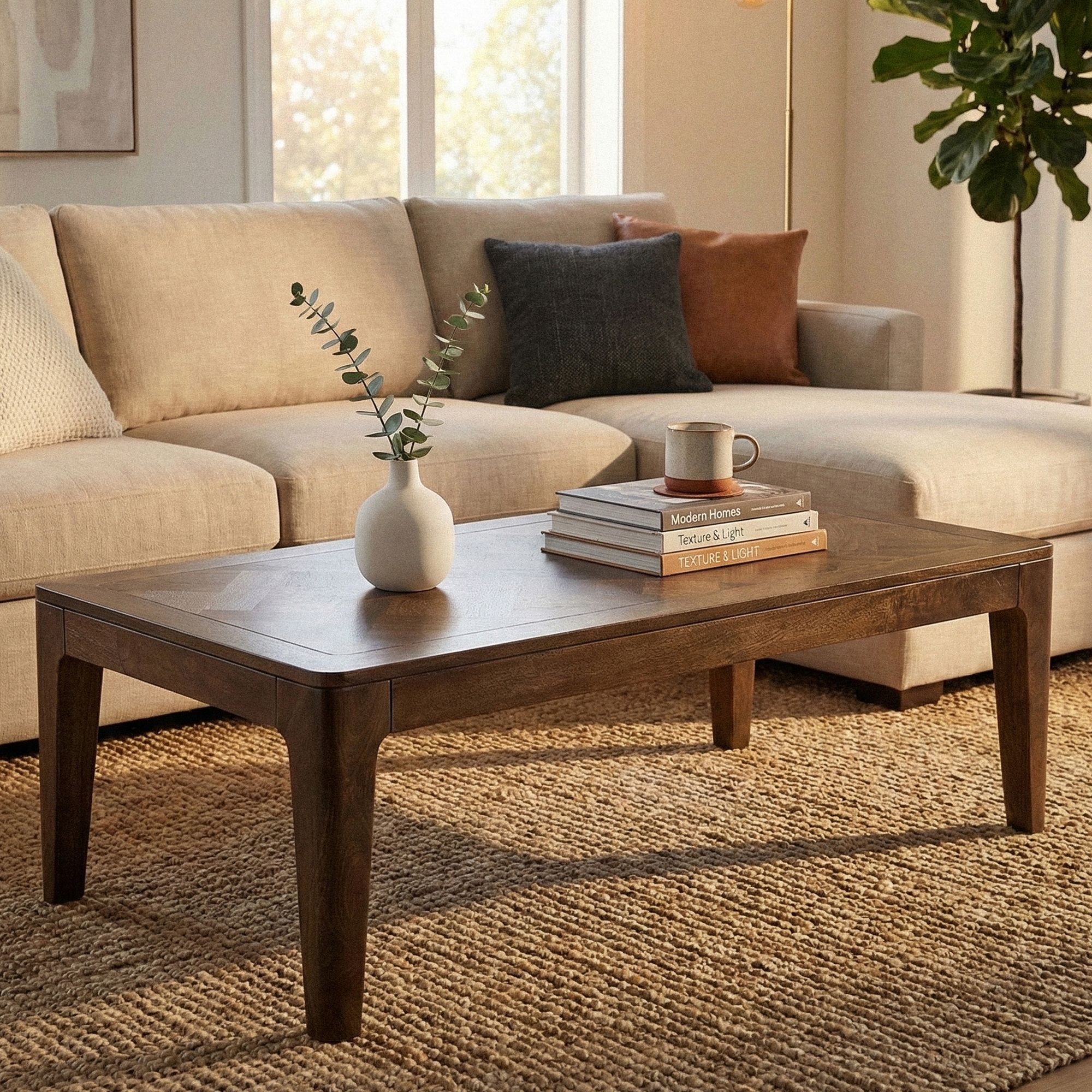 FineBuy Couchtisch 120 x 60 cm Massivholz Mango - Wohnzimmertisch Rechteckig - Sofatisch Modern Holz - Design Wohnzimmer Tisch Handmade | Farbe: Braun