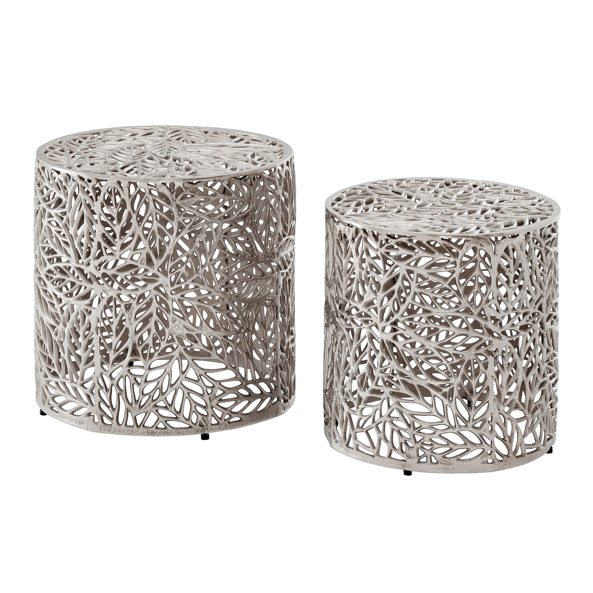 FineBuy Satztisch Aluminium 2er Set rund silber - Beistelltisch mit Blattmuster - Dekotisch Couchtisch Alu Design - Metalltisch modern - Wohnzimmertisch Set Handmade