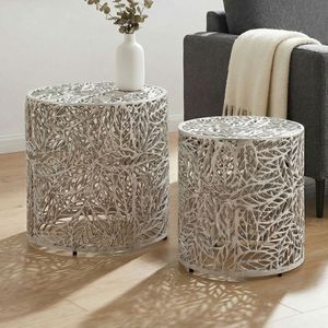FineBuy Satztisch Aluminium 2er Set rund silber - Beistelltisch mit Blattmuster - Dekotisch Couchtisch Alu Design - Metalltisch modern - Wohnzimmertisch Set Handmade