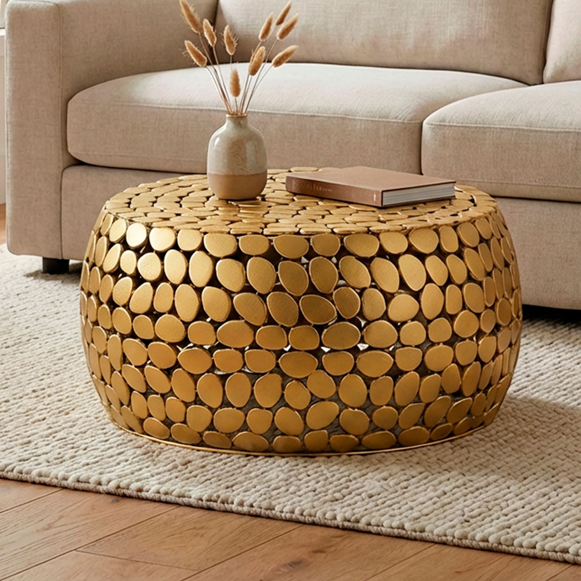 FineBuy Couchtisch Aluminium rund 66x32 cm - Design Sofatisch Wohnzimmer – Moderner Wohnzimmertisch Metall – Runder Loungetisch – Alu Beistelltisch Handmade | Farbe: Gold