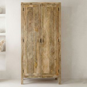FineBuy Schrank Mango Massivholz Natur 187cm - Wohnzimmerschrank hoch - Mehrzweckschrank Landhaus - Kleiderschrank mit 2 Türen - Design Massivholzschrank Handmade