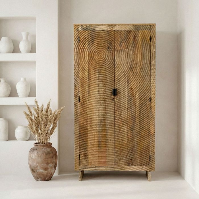 FineBuy Schrank Mango Massivholz Natur 180cm - Wohnzimmerschrank hoch - Mehrzweckschrank Landhaus - Kleiderschrank mit 2 Türen - Design Massivholzschrank Handmade