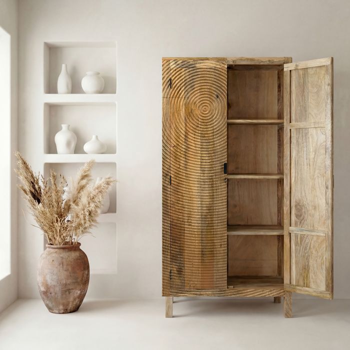 FineBuy Schrank Mango Massivholz Natur 180cm - Wohnzimmerschrank hoch - Mehrzweckschrank Landhaus - Kleiderschrank mit 2 Türen & 3 Einlegeböden - Design Massivholzschrank Garderobenschrank