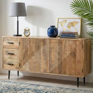 FineBuy Sideboard Mango Massivholz 160cm - Kommode mit 2 Türen und 3 Schubladen - Flurschrank Wohnzimmerschrank mit Metallbeine - Design Anrichte - Standschrank Modern Handmade